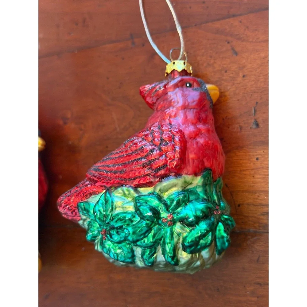 Lot of 3 Vintage Blown Glass Cardinal Christmas Ornaments Love Hope Joy Bells